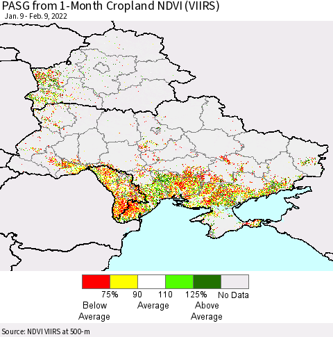 Ukraine, Moldova and Belarus PASG from 1-Month Cropland NDVI (VIIRS) Thematic Map For 2/2/2022 - 2/9/2022