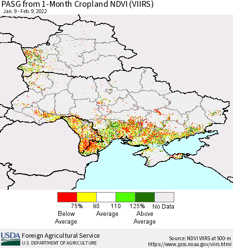 Ukraine, Moldova and Belarus PASG from 1-Month Cropland NDVI (VIIRS) Thematic Map For 2/1/2022 - 2/10/2022