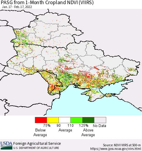 Ukraine, Moldova and Belarus PASG from 1-Month Cropland NDVI (VIIRS) Thematic Map For 2/11/2022 - 2/20/2022