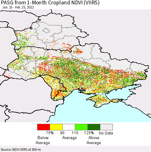 Ukraine, Moldova and Belarus PASG from 1-Month Cropland NDVI (VIIRS) Thematic Map For 2/18/2022 - 2/25/2022