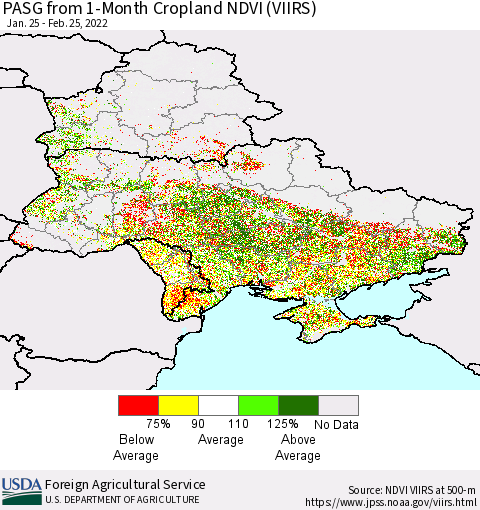 Ukraine, Moldova and Belarus PASG from 1-Month Cropland NDVI (VIIRS) Thematic Map For 2/21/2022 - 2/28/2022