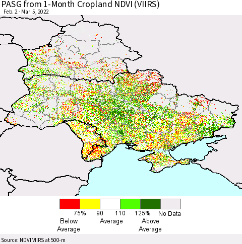 Ukraine, Moldova and Belarus PASG from 1-Month Cropland NDVI (VIIRS) Thematic Map For 2/26/2022 - 3/5/2022