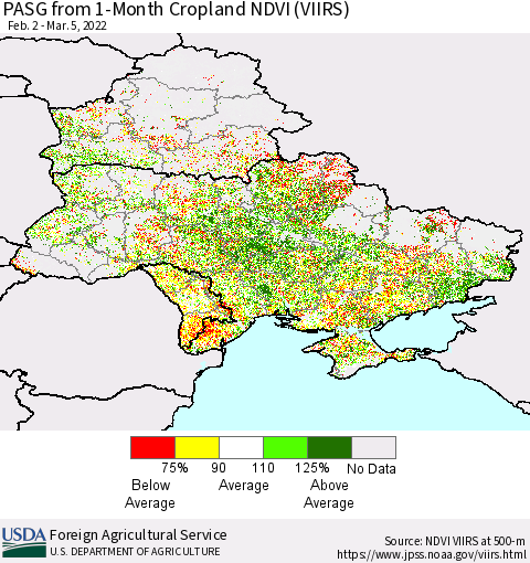 Ukraine, Moldova and Belarus PASG from 1-Month Cropland NDVI (VIIRS) Thematic Map For 3/1/2022 - 3/10/2022