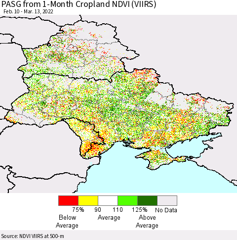 Ukraine, Moldova and Belarus PASG from 1-Month Cropland NDVI (VIIRS) Thematic Map For 3/6/2022 - 3/13/2022