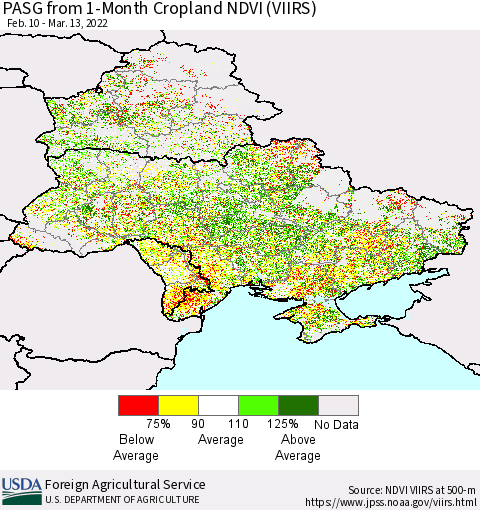 Ukraine, Moldova and Belarus PASG from 1-Month Cropland NDVI (VIIRS) Thematic Map For 3/11/2022 - 3/20/2022