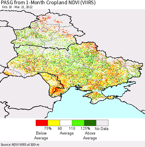 Ukraine, Moldova and Belarus PASG from 1-Month Cropland NDVI (VIIRS) Thematic Map For 3/14/2022 - 3/21/2022