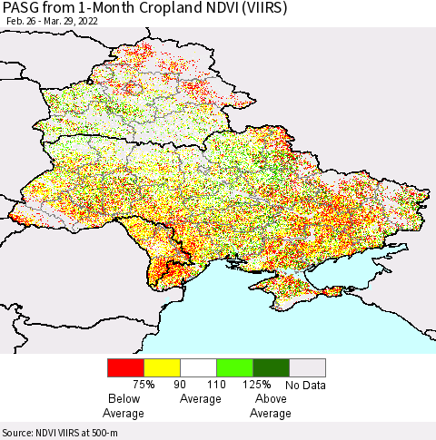 Ukraine, Moldova and Belarus PASG from 1-Month Cropland NDVI (VIIRS) Thematic Map For 3/22/2022 - 3/29/2022