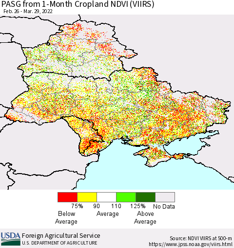 Ukraine, Moldova and Belarus PASG from 1-Month Cropland NDVI (VIIRS) Thematic Map For 3/21/2022 - 3/31/2022