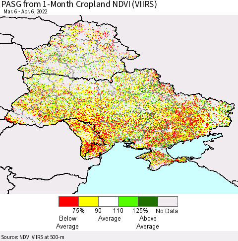 Ukraine, Moldova and Belarus PASG from 1-Month Cropland NDVI (VIIRS) Thematic Map For 3/30/2022 - 4/6/2022