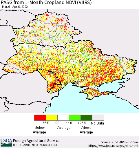 Ukraine, Moldova and Belarus PASG from 1-Month Cropland NDVI (VIIRS) Thematic Map For 4/1/2022 - 4/10/2022
