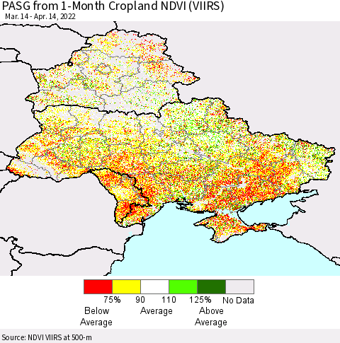 Ukraine, Moldova and Belarus PASG from 1-Month Cropland NDVI (VIIRS) Thematic Map For 4/7/2022 - 4/14/2022