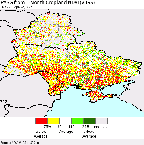 Ukraine, Moldova and Belarus PASG from 1-Month Cropland NDVI (VIIRS) Thematic Map For 4/15/2022 - 4/22/2022