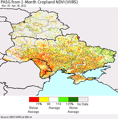 Ukraine, Moldova and Belarus PASG from 1-Month Cropland NDVI (VIIRS) Thematic Map For 4/21/2022 - 4/30/2022