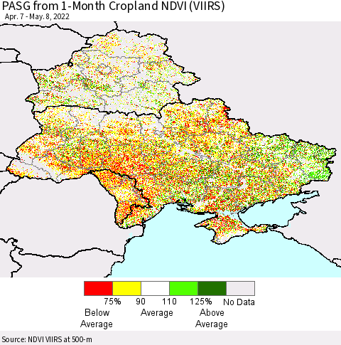 Ukraine, Moldova and Belarus PASG from 1-Month Cropland NDVI (VIIRS) Thematic Map For 5/1/2022 - 5/8/2022