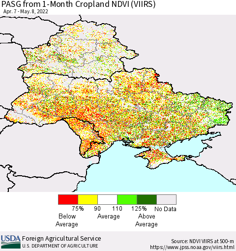 Ukraine, Moldova and Belarus PASG from 1-Month Cropland NDVI (VIIRS) Thematic Map For 5/1/2022 - 5/10/2022