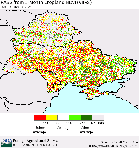 Ukraine, Moldova and Belarus PASG from 1-Month Cropland NDVI (VIIRS) Thematic Map For 5/11/2022 - 5/20/2022