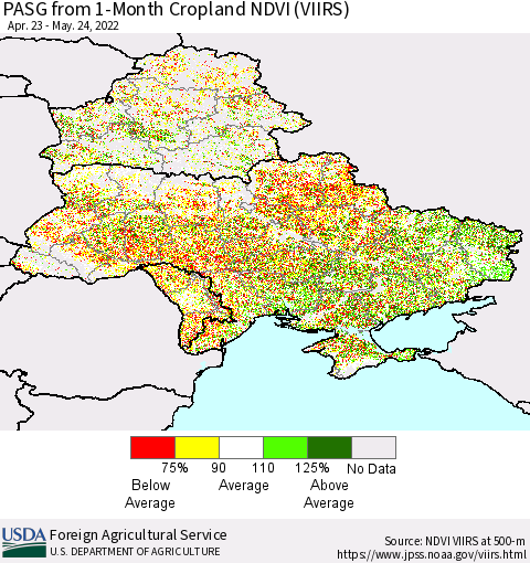 Ukraine, Moldova and Belarus PASG from 1-Month Cropland NDVI (VIIRS) Thematic Map For 5/21/2022 - 5/31/2022