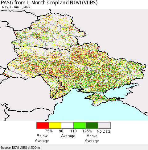 Ukraine, Moldova and Belarus PASG from 1-Month Cropland NDVI (VIIRS) Thematic Map For 5/25/2022 - 6/1/2022