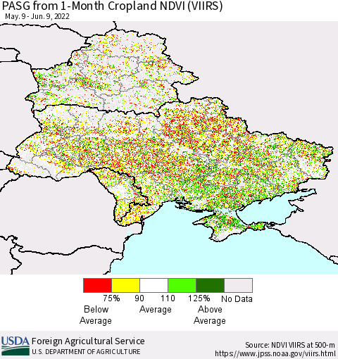 Ukraine, Moldova and Belarus PASG from 1-Month Cropland NDVI (VIIRS) Thematic Map For 6/1/2022 - 6/10/2022