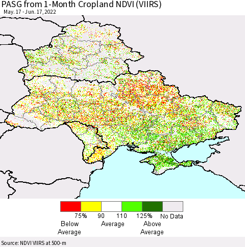 Ukraine, Moldova and Belarus PASG from 1-Month Cropland NDVI (VIIRS) Thematic Map For 6/10/2022 - 6/17/2022