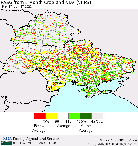 Ukraine, Moldova and Belarus PASG from 1-Month Cropland NDVI (VIIRS) Thematic Map For 6/11/2022 - 6/20/2022