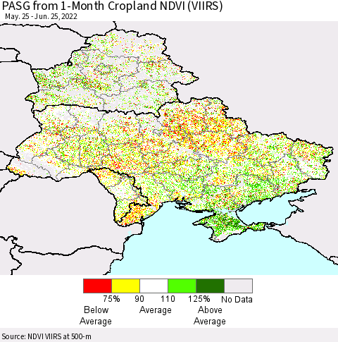 Ukraine, Moldova and Belarus PASG from 1-Month Cropland NDVI (VIIRS) Thematic Map For 6/18/2022 - 6/25/2022