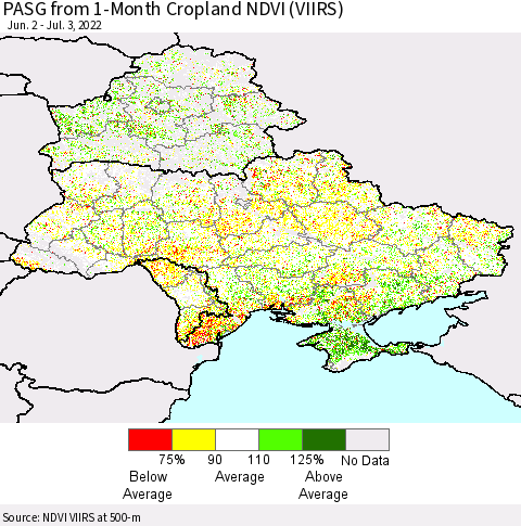 Ukraine, Moldova and Belarus PASG from 1-Month Cropland NDVI (VIIRS) Thematic Map For 6/26/2022 - 7/3/2022