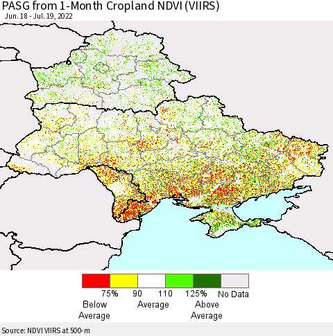 Ukraine, Moldova and Belarus PASG from 1-Month Cropland NDVI (VIIRS) Thematic Map For 7/12/2022 - 7/19/2022