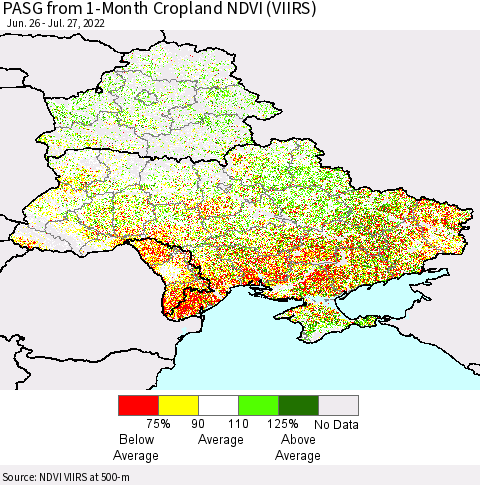 Ukraine, Moldova and Belarus PASG from 1-Month Cropland NDVI (VIIRS) Thematic Map For 7/20/2022 - 7/27/2022