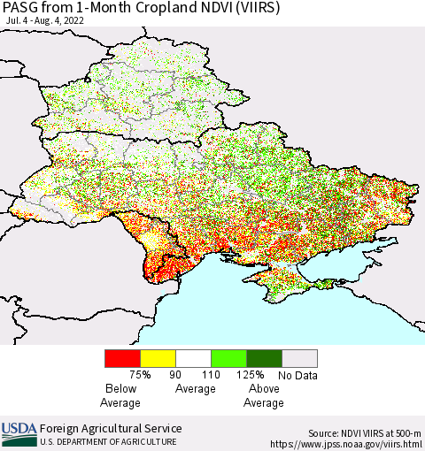 Ukraine, Moldova and Belarus PASG from 1-Month Cropland NDVI (VIIRS) Thematic Map For 8/1/2022 - 8/10/2022