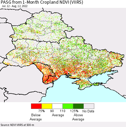 Ukraine, Moldova and Belarus PASG from 1-Month Cropland NDVI (VIIRS) Thematic Map For 8/5/2022 - 8/12/2022