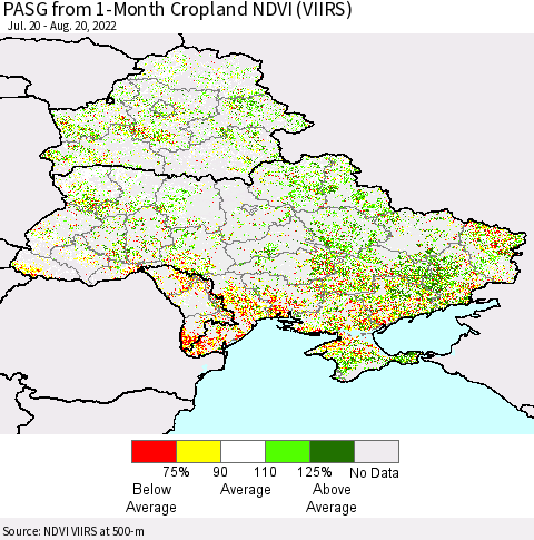 Ukraine, Moldova and Belarus PASG from 1-Month Cropland NDVI (VIIRS) Thematic Map For 8/13/2022 - 8/20/2022
