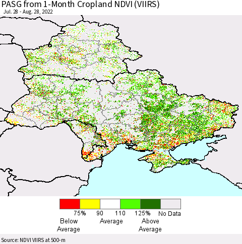 Ukraine, Moldova and Belarus PASG from 1-Month Cropland NDVI (VIIRS) Thematic Map For 8/21/2022 - 8/28/2022