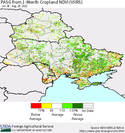 Ukraine, Moldova and Belarus PASG from 1-Month Cropland NDVI (VIIRS) Thematic Map For 8/21/2022 - 8/31/2022