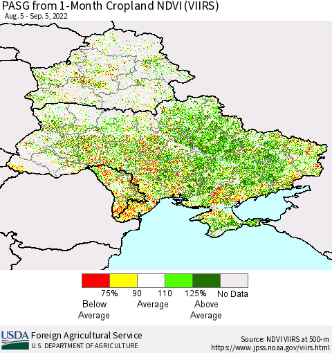 Ukraine, Moldova and Belarus PASG from 1-Month Cropland NDVI (VIIRS) Thematic Map For 9/1/2022 - 9/10/2022