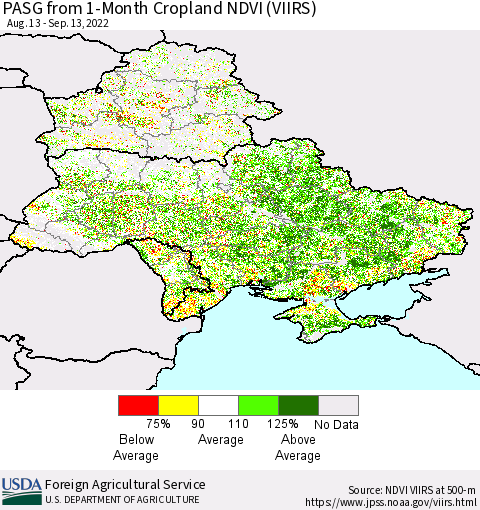 Ukraine, Moldova and Belarus PASG from 1-Month Cropland NDVI (VIIRS) Thematic Map For 9/11/2022 - 9/20/2022