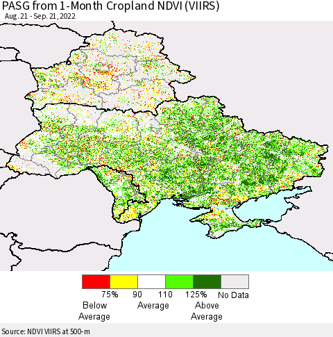 Ukraine, Moldova and Belarus PASG from 1-Month Cropland NDVI (VIIRS) Thematic Map For 9/14/2022 - 9/21/2022