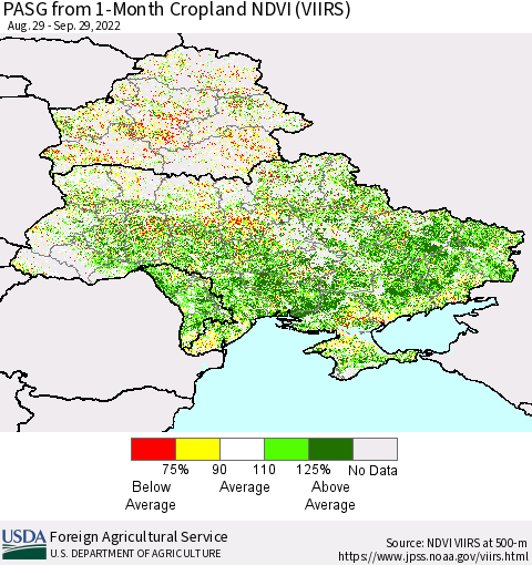 Ukraine, Moldova and Belarus PASG from 1-Month Cropland NDVI (VIIRS) Thematic Map For 9/21/2022 - 9/30/2022