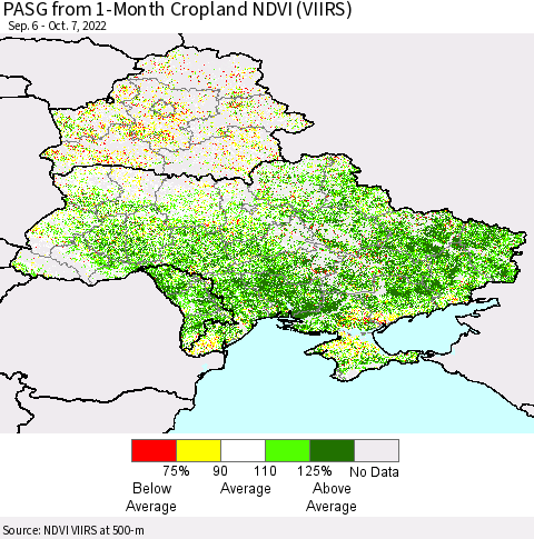 Ukraine, Moldova and Belarus PASG from 1-Month Cropland NDVI (VIIRS) Thematic Map For 9/30/2022 - 10/7/2022