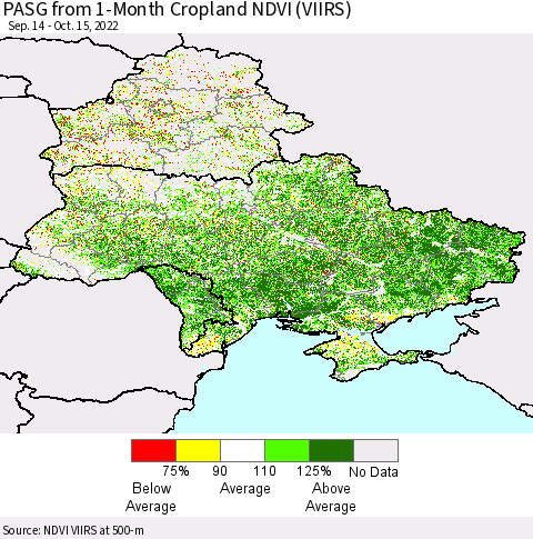 Ukraine, Moldova and Belarus PASG from 1-Month Cropland NDVI (VIIRS) Thematic Map For 10/8/2022 - 10/15/2022