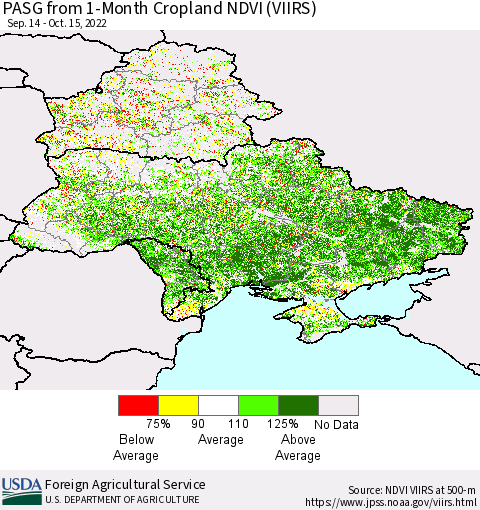 Ukraine, Moldova and Belarus PASG from 1-Month Cropland NDVI (VIIRS) Thematic Map For 10/11/2022 - 10/20/2022