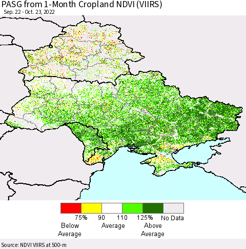 Ukraine, Moldova and Belarus PASG from 1-Month Cropland NDVI (VIIRS) Thematic Map For 10/16/2022 - 10/23/2022
