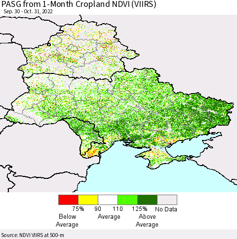 Ukraine, Moldova and Belarus PASG from 1-Month Cropland NDVI (VIIRS) Thematic Map For 10/21/2022 - 10/31/2022