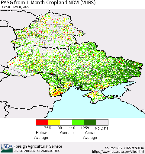 Ukraine, Moldova and Belarus PASG from 1-Month Cropland NDVI (VIIRS) Thematic Map For 11/1/2022 - 11/10/2022