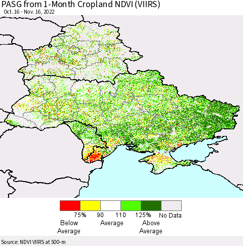 Ukraine, Moldova and Belarus PASG from 1-Month Cropland NDVI (VIIRS) Thematic Map For 11/9/2022 - 11/16/2022