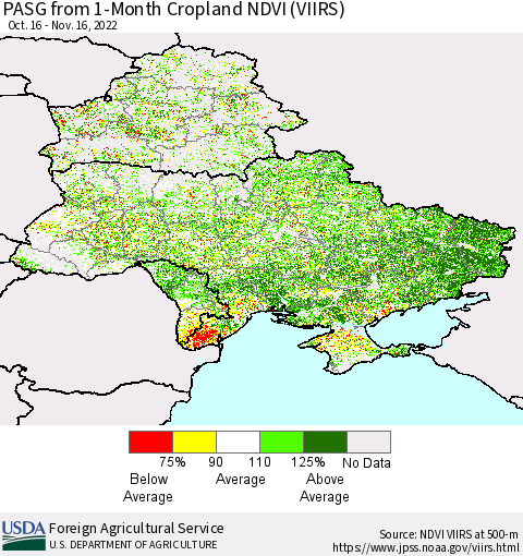 Ukraine, Moldova and Belarus PASG from 1-Month Cropland NDVI (VIIRS) Thematic Map For 11/11/2022 - 11/20/2022