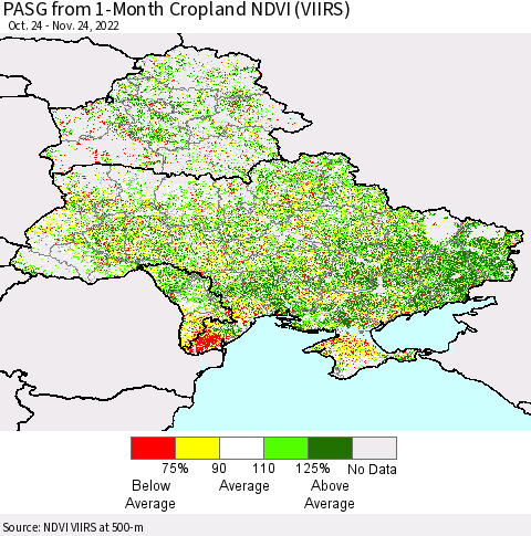 Ukraine, Moldova and Belarus PASG from 1-Month Cropland NDVI (VIIRS) Thematic Map For 11/17/2022 - 11/24/2022