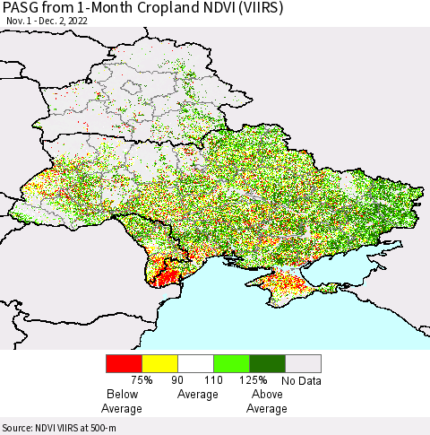 Ukraine, Moldova and Belarus PASG from 1-Month Cropland NDVI (VIIRS) Thematic Map For 11/25/2022 - 12/2/2022