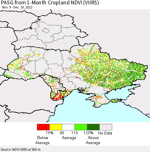 Ukraine, Moldova and Belarus PASG from 1-Month Cropland NDVI (VIIRS) Thematic Map For 12/1/2022 - 12/10/2022