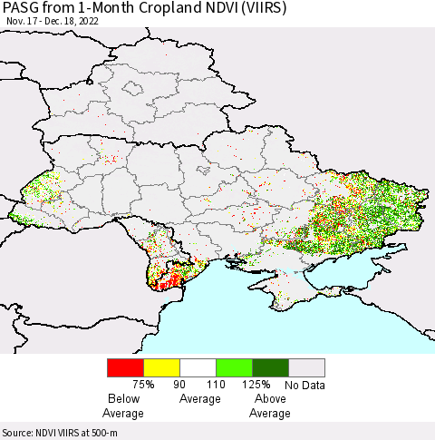 Ukraine, Moldova and Belarus PASG from 1-Month Cropland NDVI (VIIRS) Thematic Map For 12/11/2022 - 12/18/2022